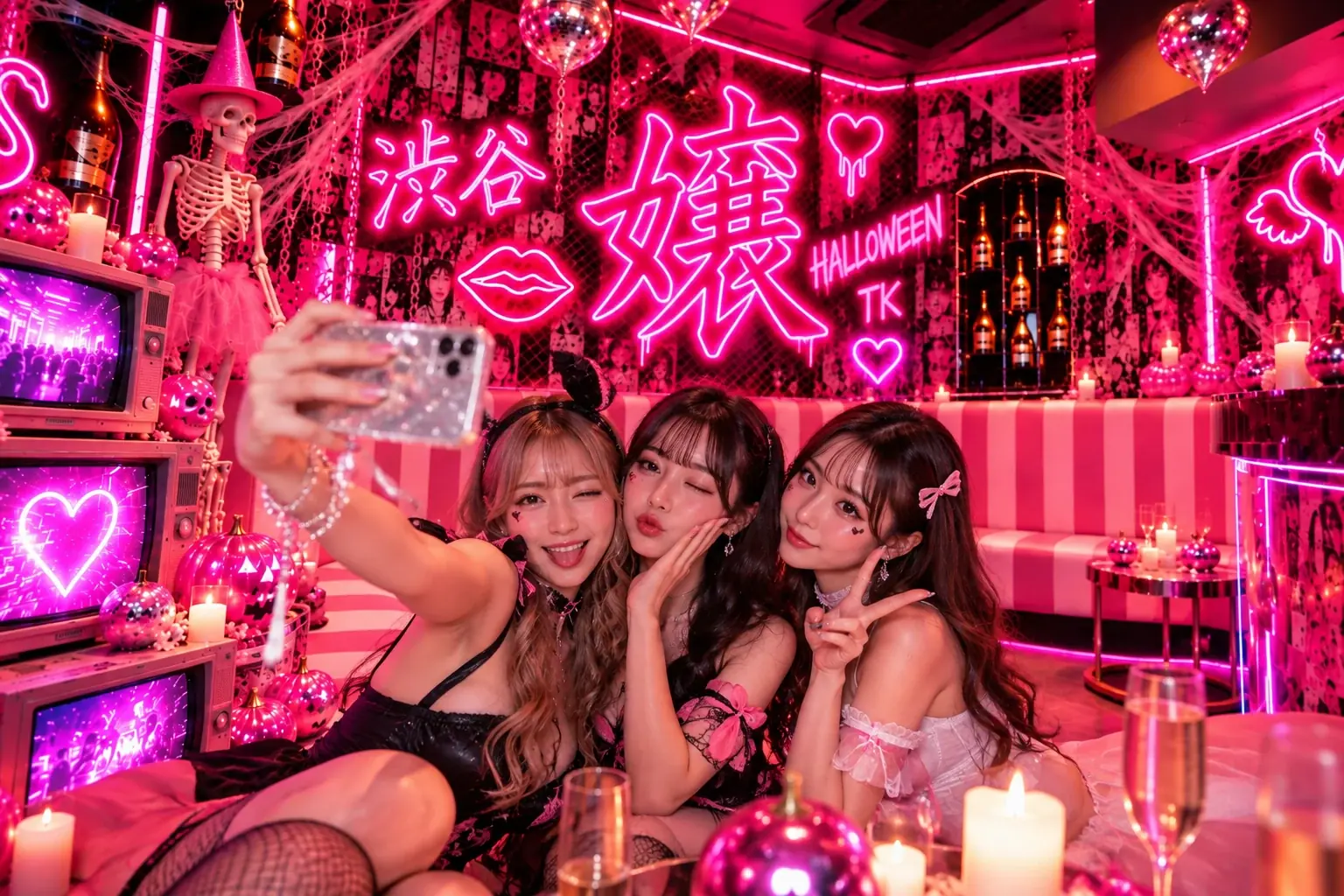 TK NIGHTCLUBのピンクネオンHALLOWEEN PHOTO SPOTでセルフィーを楽しむ女性3人