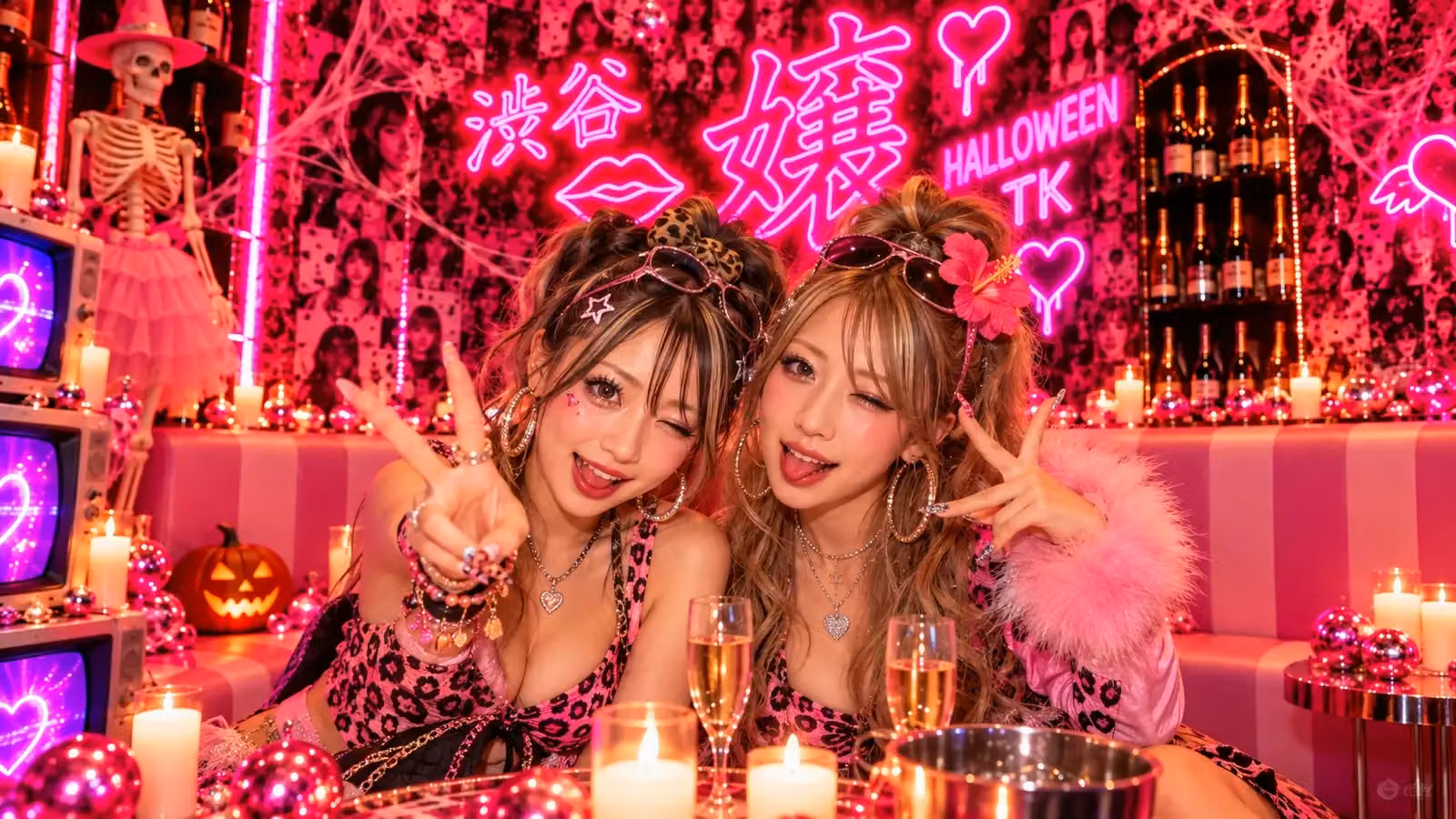 HALLOWEEN PHOTO SPOTでセルフィーポーズを取る女性2人